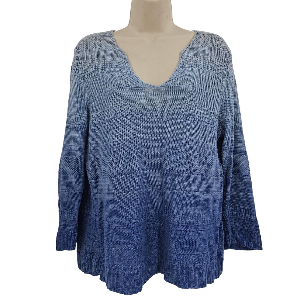 Lauren Ralph Lauren Sweater Womens Large Blue Ombre Knit Pullover 100% Linen Top